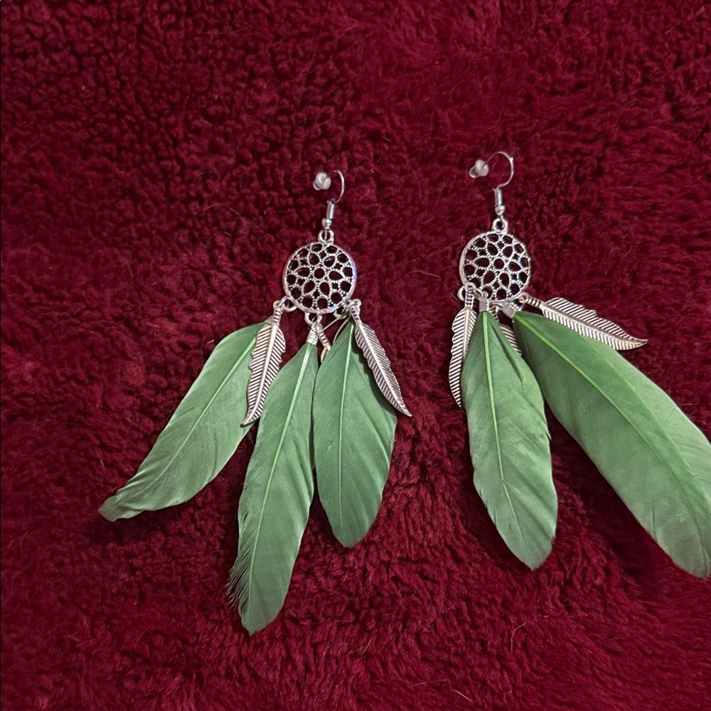 Silver and Green Feather Dreamcatcher Earrings